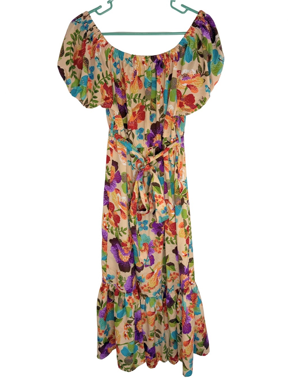 Wishing Waves Floral Off-Shoulder Midi Dress with Tie Belt Size 1X